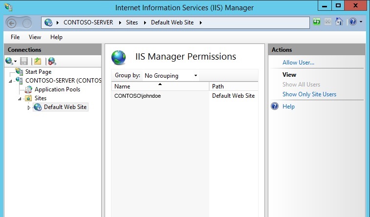Captura de tela do painel Permissões do Gerenciador I I S. Em Nome está o texto C O N T O S O backslash john doe. Em Caminho está o Site Padrão.