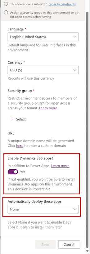 A imagem mostra como habilitar o campo Aplicativos do Dynamics 365 em um ambiente do Power Platform. 