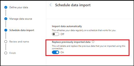 Captura de tela que mostra como substituir dados importados anteriormente.