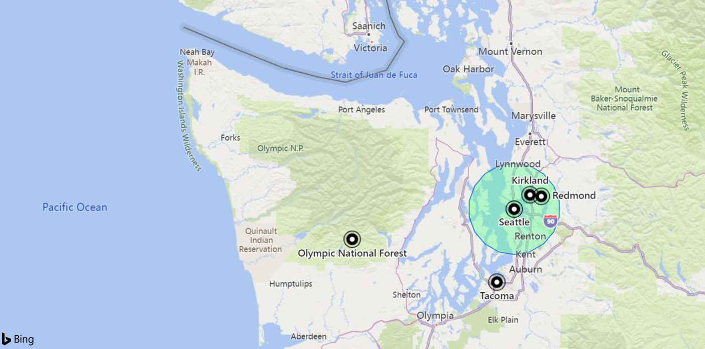 Captura de tela de um mapa com lugares a 18 km de Seattle.