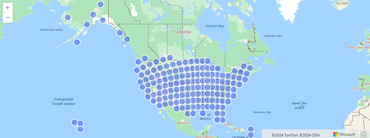 Captura de tela de uma renderização de mapa de eventos de tempestade dos EUA agregados por célula S2.