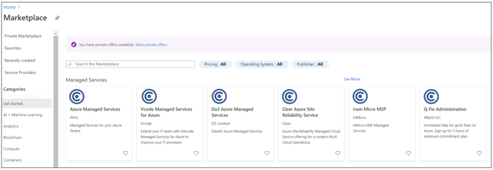 Captura de tela mostrando a opção de menu do mercado privado no lado esquerdo do Marketplace.