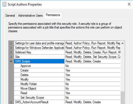 Exemplo de permissões de Scripts de SMS para a função de autores de scripts