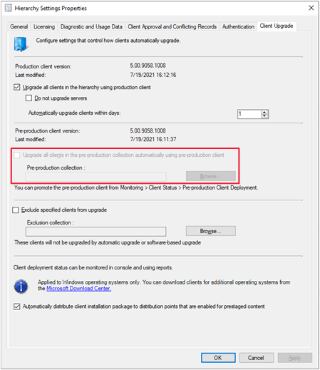 Janela configurações de hierarquia, guia de atualização do cliente, destacando a coleção de pré-produção.