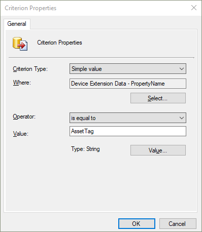 Critério janela Propriedades para Device Extension Data PropertyName