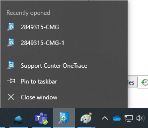 Lista de saltos do Centro de Suporte do OneTrace da barra de tarefas do Windows com lista aberta recentemente.