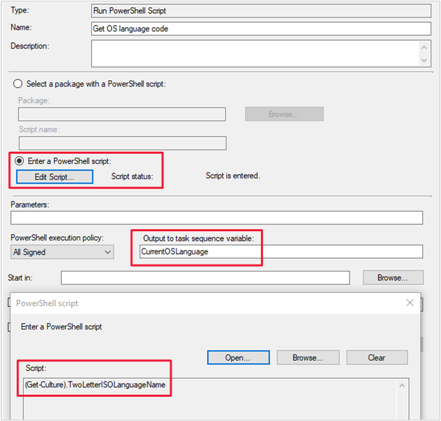 Captura de ecrã do passo Executar Script do PowerShell de exemplo