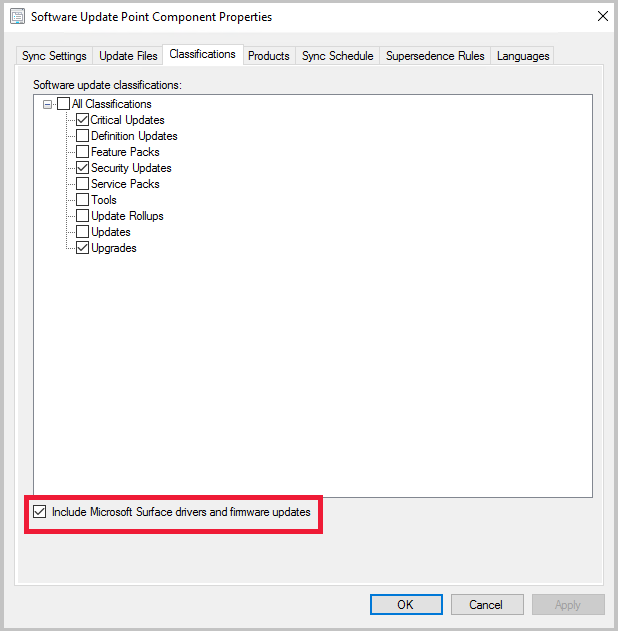 Ativar controladores do Surface a partir das propriedades do ponto de atualização de software