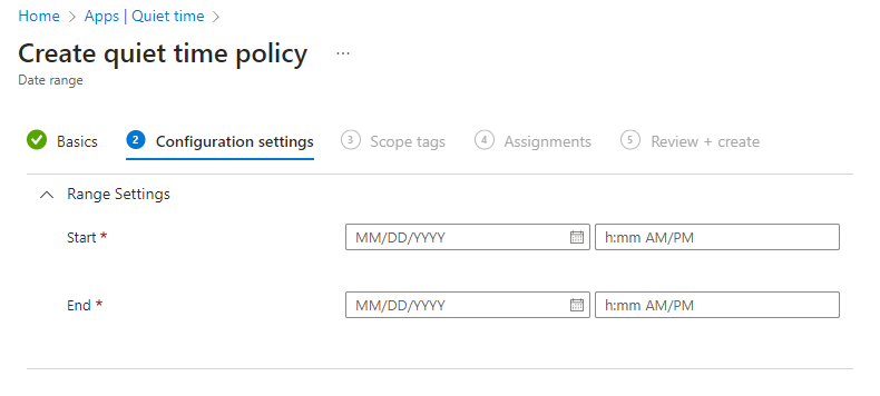 Captura de ecrã a mostrar a hora de pausa Microsoft Intune – Configurar a política de Intervalo de Datas