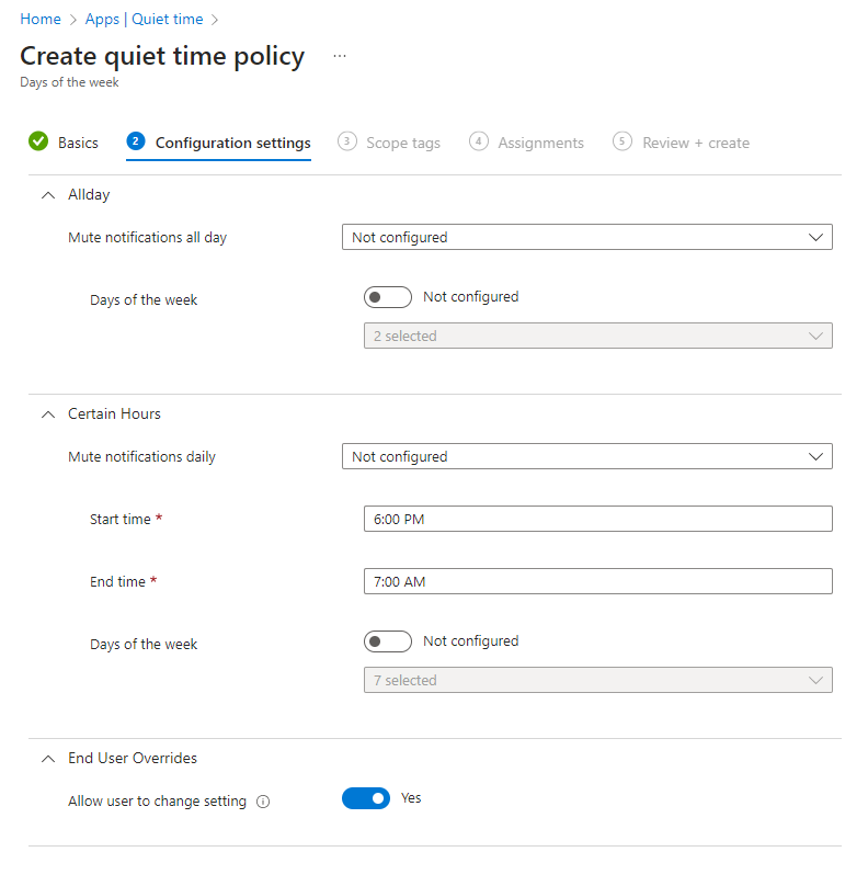 Captura de ecrã a mostrar a Microsoft Intune tempo de pausa – Configurar a política dias da semana