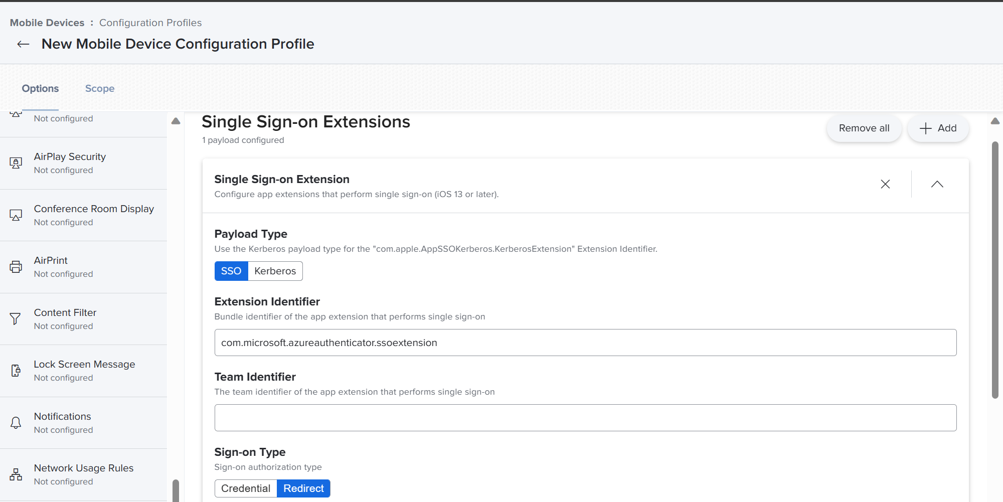 Captura de ecrã que mostra o portal do Jamf Pro e o tipo de payload, o identificador da extensão, o identificador da equipa e as definições de tipo SSO para dispositivos iOS/iPadOS.