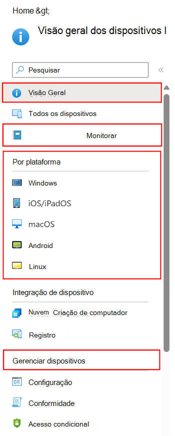 Captura de ecrã que mostra como selecionar Dispositivos para ver o que pode configurar e gerir no Microsoft Intune.