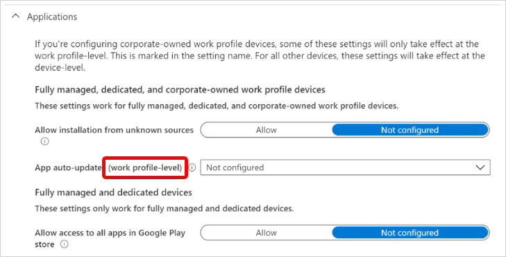 Captura de ecrã a mostrar as definições da aplicação Android Enterprise que se aplicam ao nível do perfil de trabalho da empresa no Microsoft Intune.