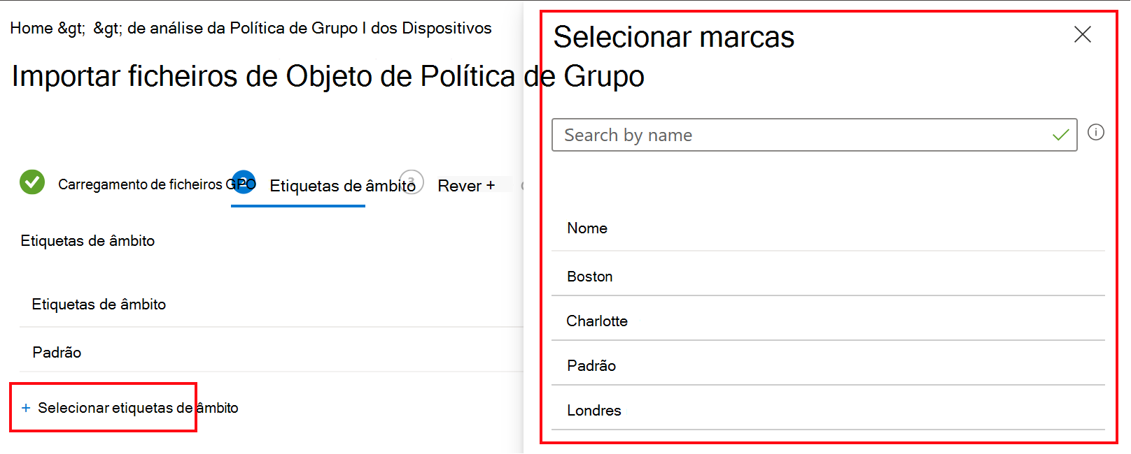 Captura de ecrã que mostra como importar um objeto de política de grupo (GPO) e selecionar uma etiqueta de âmbito no Microsoft Intune e Intune centro de administração.