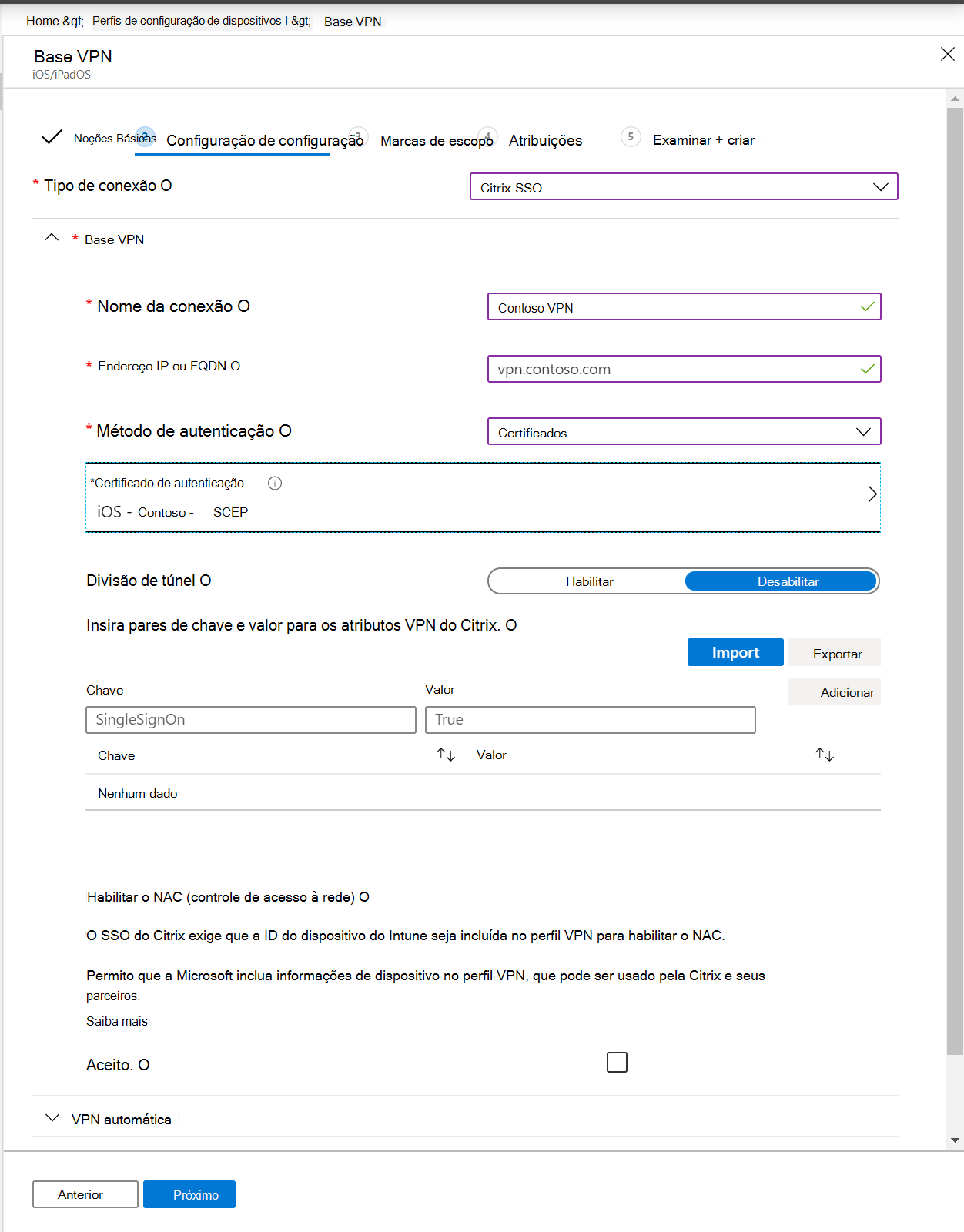 Captura de ecrã que mostra um perfil VPN por aplicação, um endereço IP ou FQDN, um método de autenticação e um túnel dividido no Centro de administração do Microsoft Intune e do Intune.