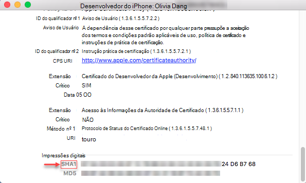 Informações do iPhone - Cadeia SHA1 de impressões digitais