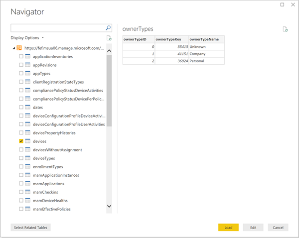 Captura de ecrã do Navegador – a lista de Data Warehouse tabelas.