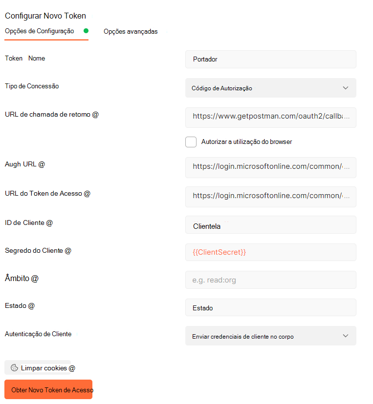 Informações para o token de acesso.