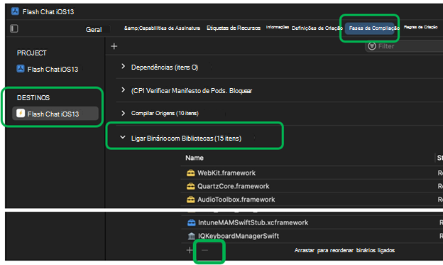 Captura de ecrã que mostra como remover arquiteturas em Ligar Binário com Bibliotecas no Xcode num dispositivo macOS.