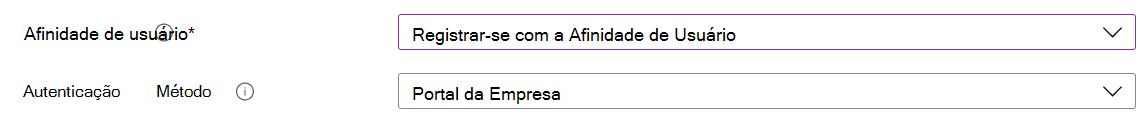 No Intune centro de administração e Microsoft Intune, inscreva dispositivos iOS/iPadOS com a inscrição automatizada de dispositivos (ADE). Selecione Inscrever com afinidade de utilizador e utilize a aplicação Portal da Empresa para autenticação.