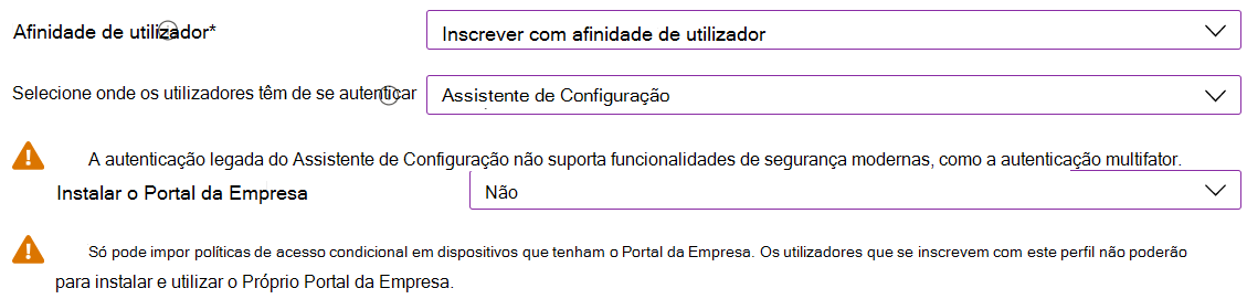 No Intune centro de administração e Microsoft Intune, inscreva dispositivos iOS/iPadOS com o Apple Configurator. Selecione Inscrever com afinidade de utilizador, utilize o Assistente de Configuração para autenticação e não instale a aplicação Portal da Empresa.