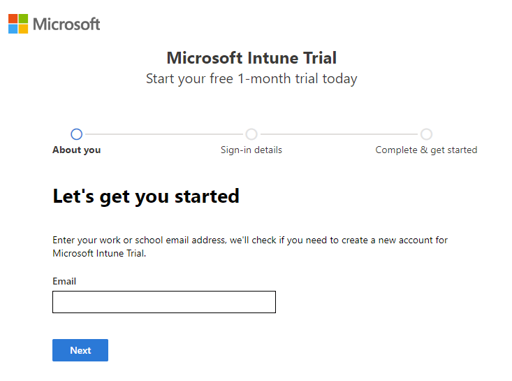 Captura de ecrã a mostrar a página de configuração da conta do Microsoft Intune – Introduzir e-mail