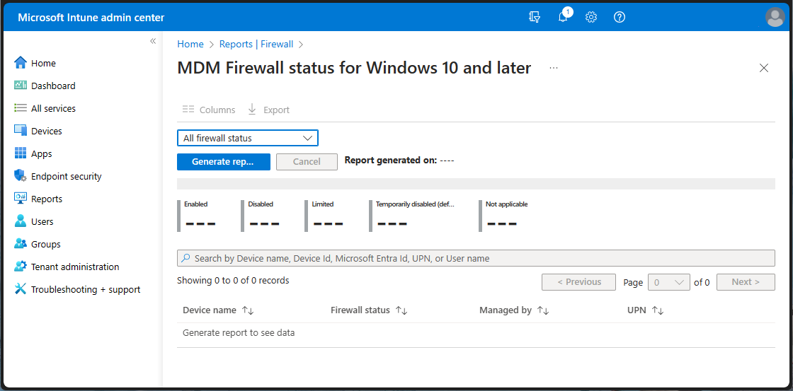 Ver o relatório Estado da Firewall