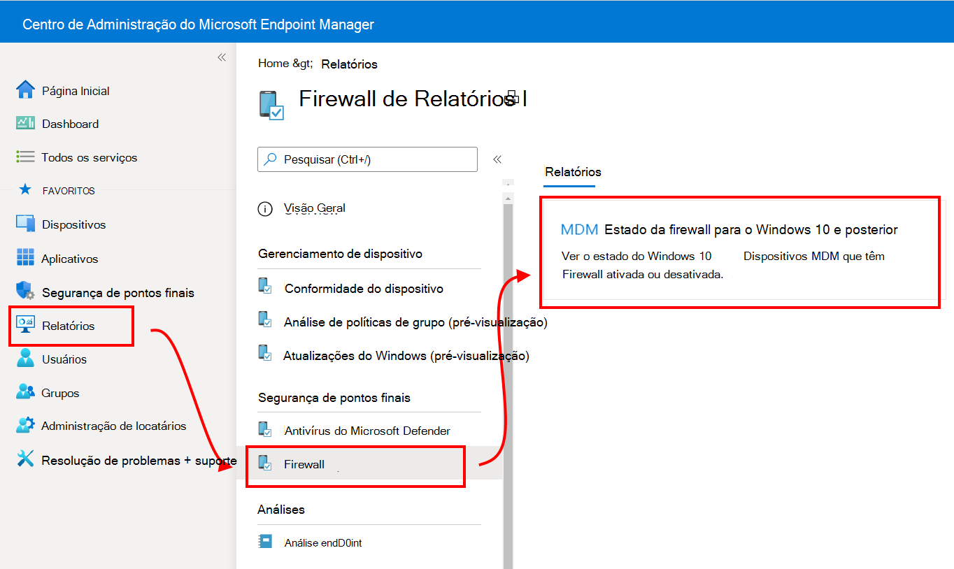 Selecionar relatórios de firewall