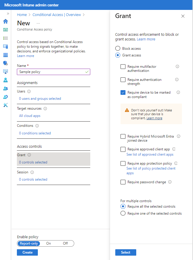 Captura de tela da superfície de configuração e as opções para Concessão