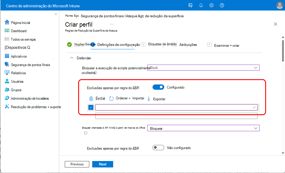 Captura de ecrã da definição Apenas ASR \Por Exclusões de Regra.