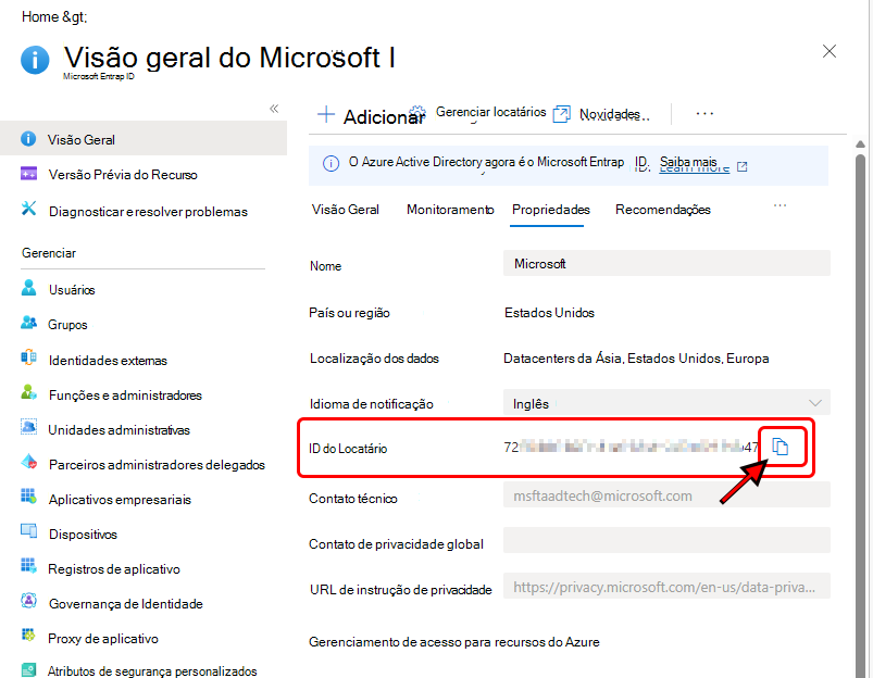 Imagem a mostrar o ID do Inquilino no portal do Azure