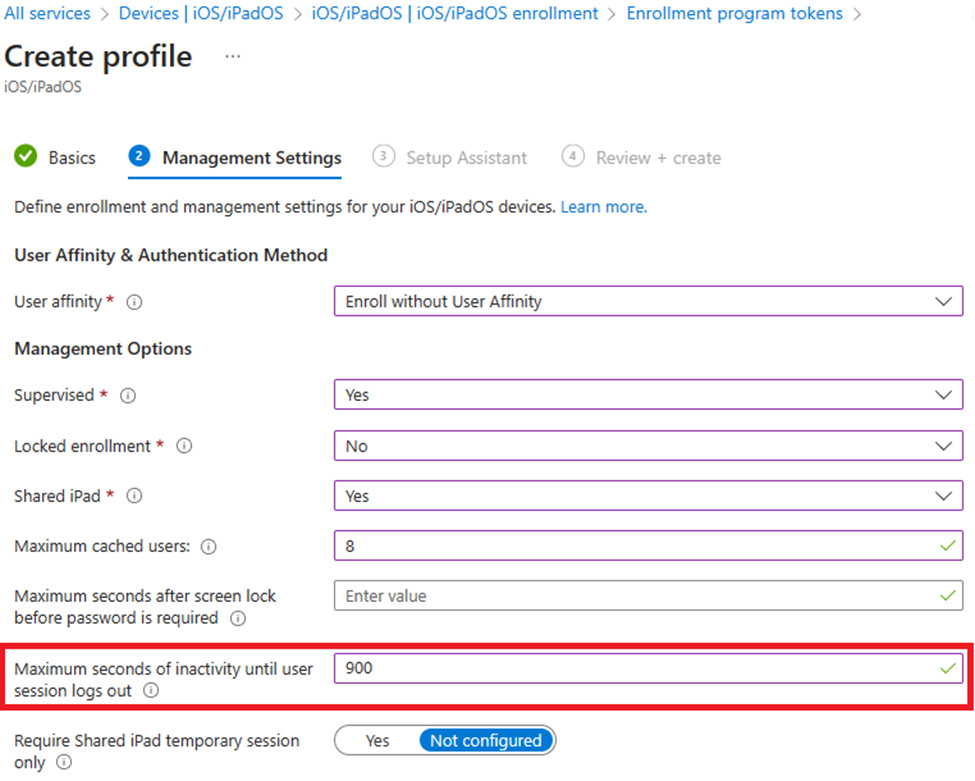 Captura de ecrã que mostra como se inscrever sem afinidade do utilizador e definir o valor de inatividade para dispositivos iOS/iPadOS no centro de administração do Microsoft Intune.