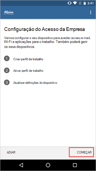 Captura de ecrã do ecrã Configuração de Acesso da Empresa a realçar o botão Iniciar.