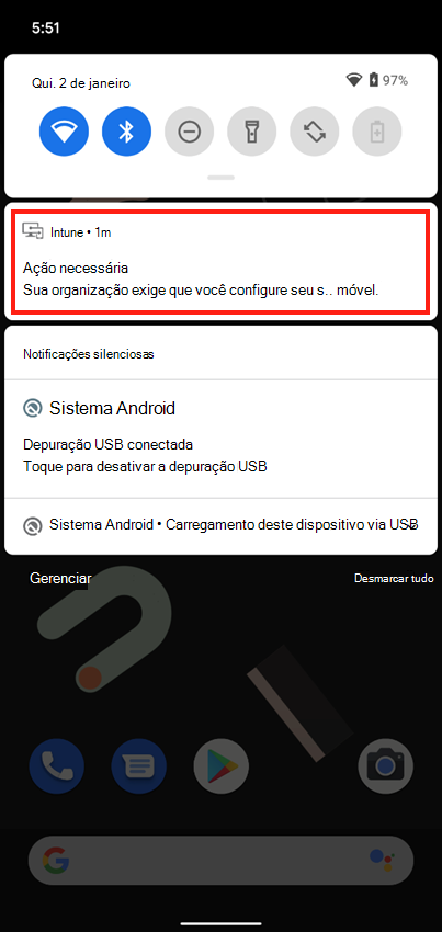 Captura de ecrã de exemplo da notificação push do Portal da Empresa no ecrã principal do dispositivo.