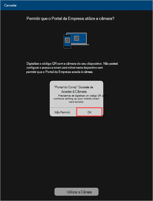 Captura de ecrã de exemplo de um pedido do Portal da Empresa a pedir permissão para permitir o acesso à câmara.