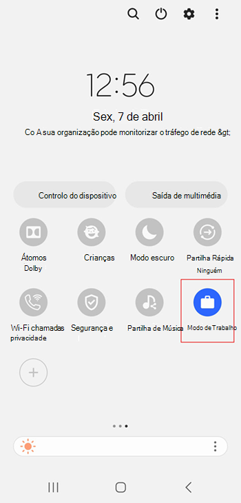 Captura de ecrã do ícone de perfil de trabalho ativado nas definições rápidas do Samsung Galaxy S20.