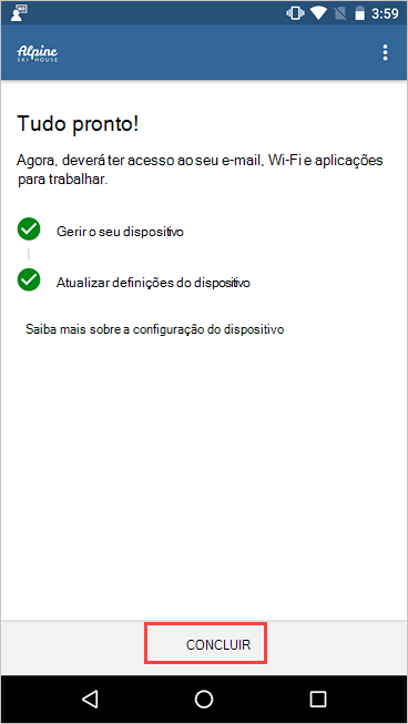 Captura de ecrã do Portal da Empresa, ecrã Configuração do Acesso da Empresa, a mostrar a configuração concluída e a realçar o botão Concluído.