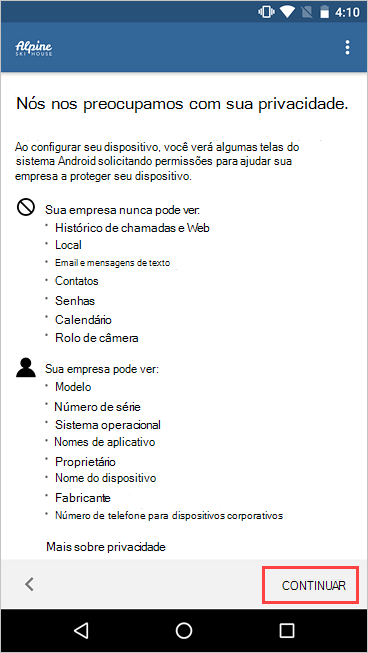 Captura de ecrã a mostrar Portal da Empresa, Preocupamo-nos com o seu ecrã de privacidade, realçando o botão Continuar.