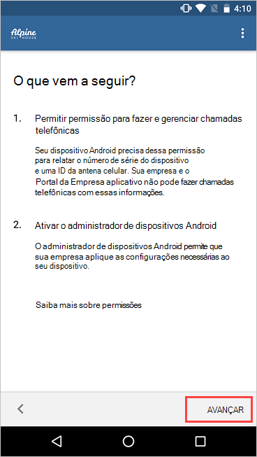 Captura de ecrã de Portal da Empresa, ecrã O que vem a seguir, a realçar o botão Seguinte.