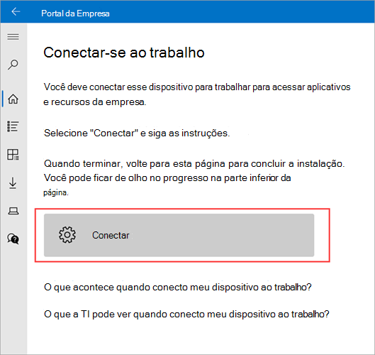 Imagem de exemplo da Portal da Empresa > ecrã Ligar ao trabalho a realçar o botão Ligar.