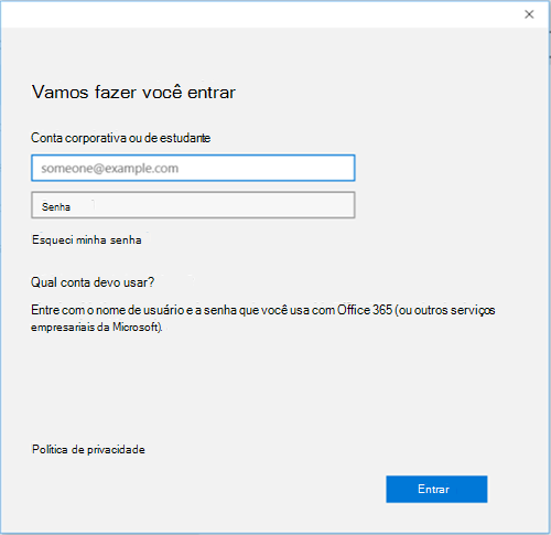 Captura de ecrã a mostrar Office 365 ecrã de início de sessão da conta escolar ou profissional.