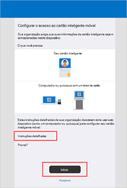 Captura de ecrã de exemplo do ecrã Configurar o acesso a smart card móvel no Portal da Empresa.