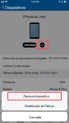 Captura de ecrã do ecrã Dispositivos da aplicação Portal da Empresa, a mostrar as opções após o utilizador clicar em Remover. Mostra o botão 