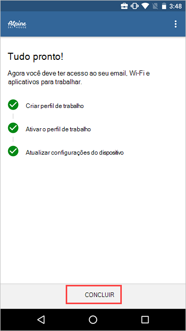 Imagem de exemplo do Portal da Empresa, ecrã Configuração do Acesso da Empresa, a mostrar a configuração concluída e a realçar o botão Concluído.