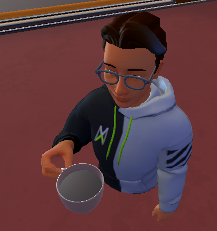 Captura de tela de um avatar segurando a xícara de café.