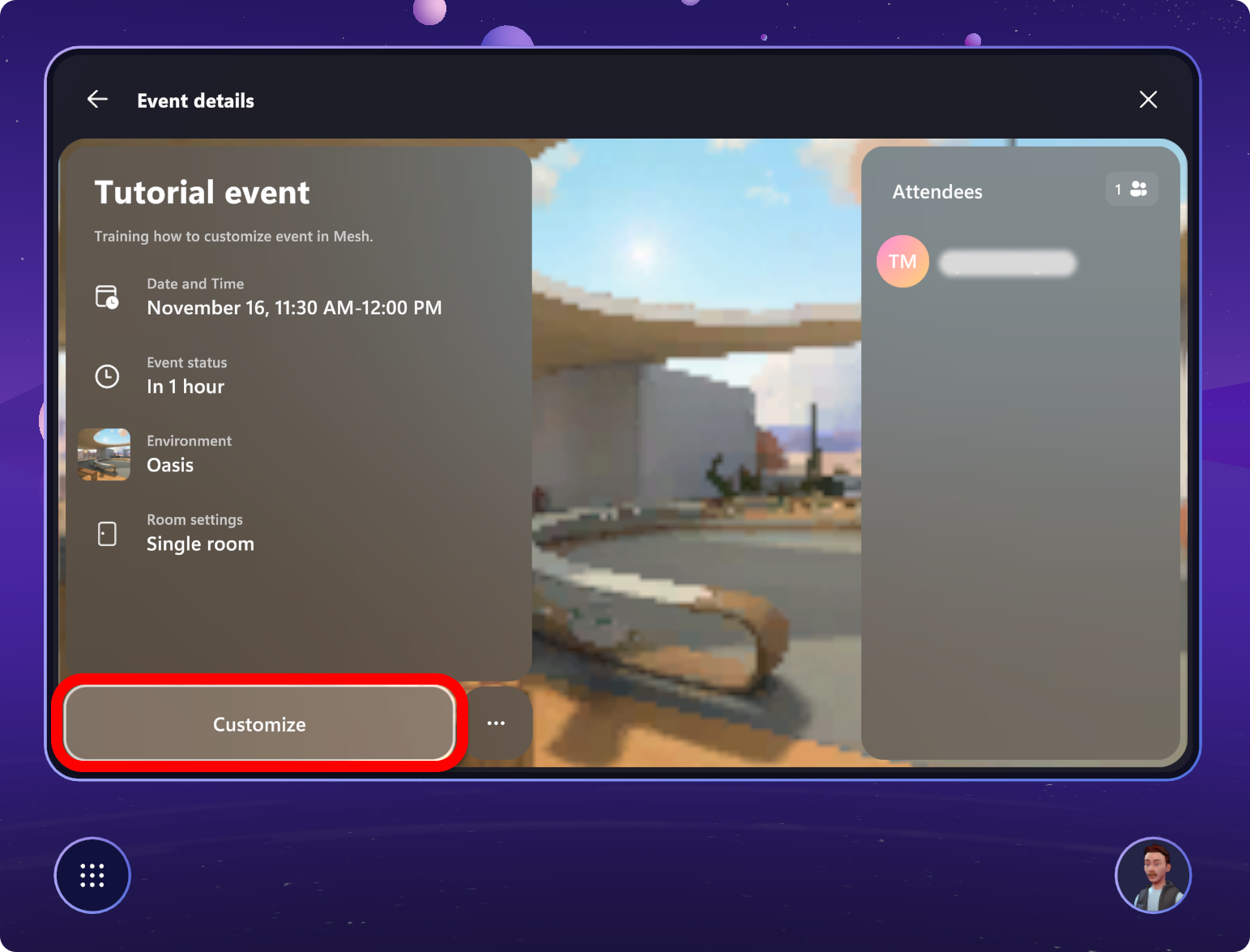 Captura de tela do aplicativo Mesh mostrando o botão Personalizar para um evento destacado.