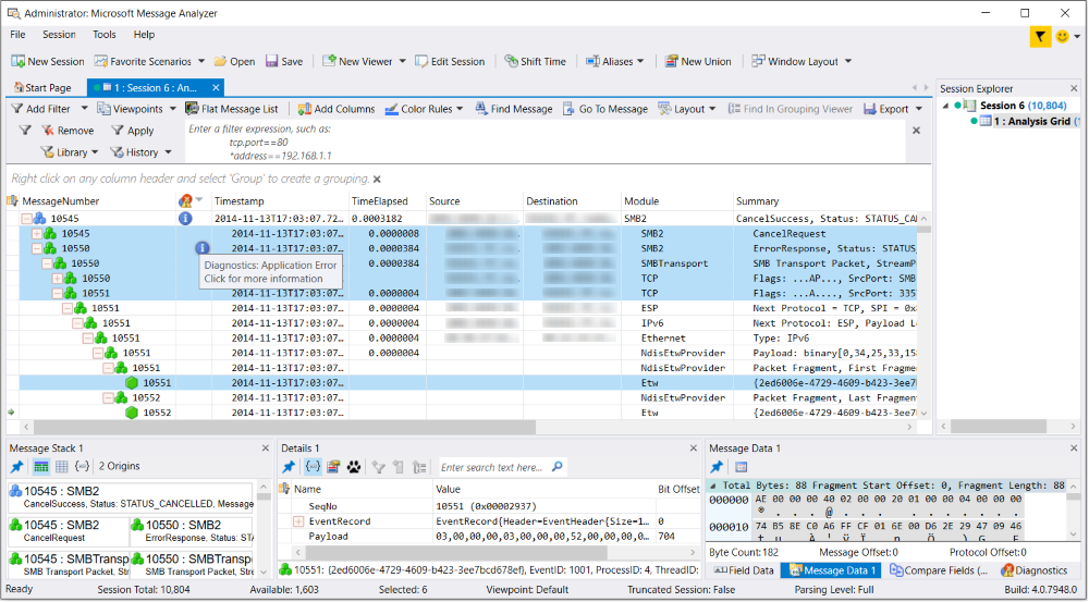 Message Analyzer expanded Operation node, message stack, fragments, and Diagnosis error