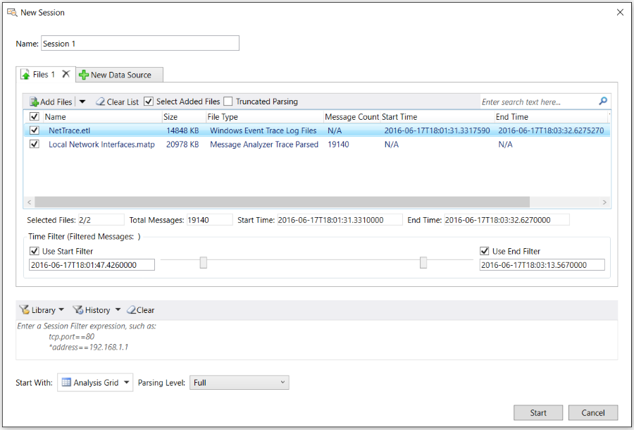 Message Analyzer Data Retrieval Session configuration