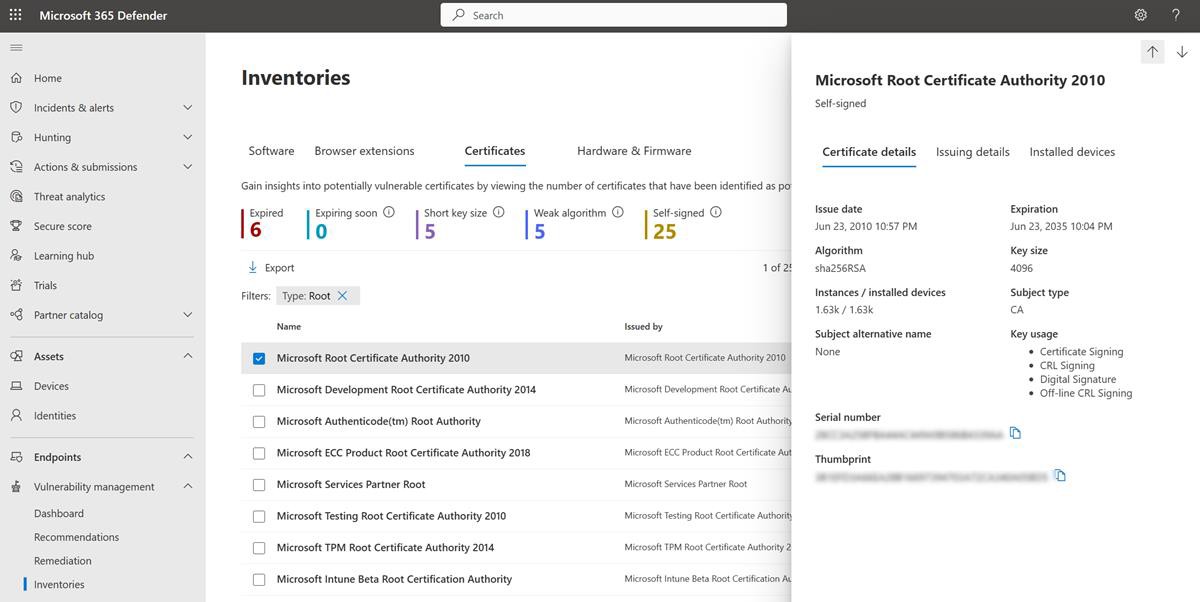 Página de inventários do Microsoft Defender.