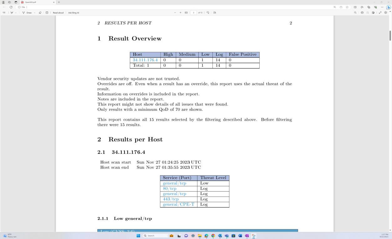 Resultados do relatório de vulnerabilidades de PDF.